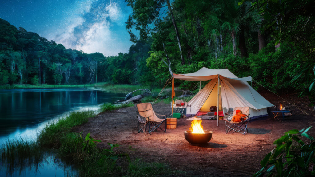 a campfire next to a lake